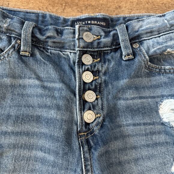 Lucky Brand Jean Shorts 0/25 (30 Waist) Blue Distressed Raw Hem Button Fly Denim - Picture 2 of 12